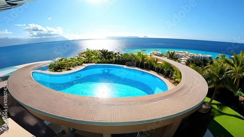 Camera rotates 360 degrees around a pool area, capturing a villa with large floor-to-ceiling windows and the surrounding ocean