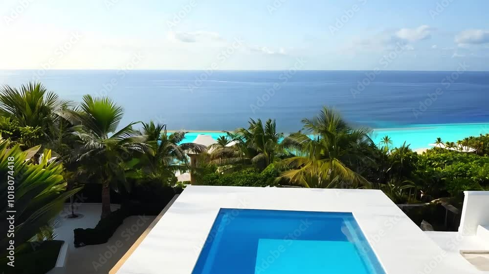 Camera zooms in on a villa, focusing on the pool reflecting the vibrant blue sky and the vast sea beyond