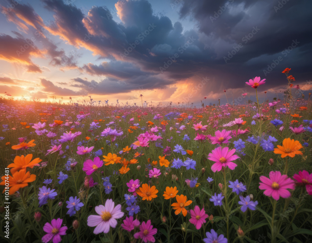 Colorful wild flowers against a cloudy sunset sky Colorful wild flowers against a cloudy sunset sky