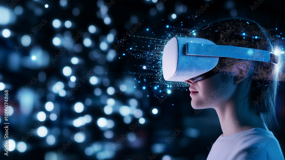 Immersive Virtual Reality Experience with a User Wearing a High-Tech VR Headset Immersive Virtual Reality Experience with a User Wearing a High-Tech VR Headset