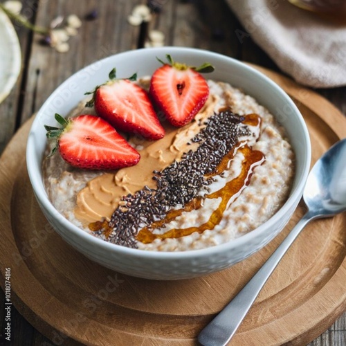 Closeup of a creamy oatmeal bowl topped with fresh strawberries, peanut butter, chia seeds, and honey drizzle on a rustic wooden table, little spoon