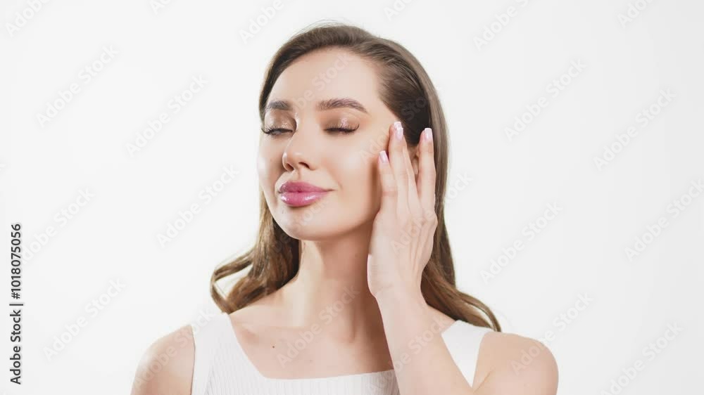 A beautiful young woman with clear, fresh skin gently touches her face. This moment highlights the importance of self-care and beauty treatments for achieving a flawless look. A beautiful young woman with clear, fresh skin gently touches her face. This moment highlights the importance of self-care and beauty treatments for achieving a flawless look.