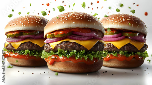 Three appetizing burgers with toppings and sauces.