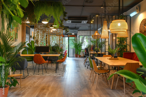 A vibrant green coworking space in Madrid featuring modern furniture and abundant indoor plants for a refreshing work environment photo