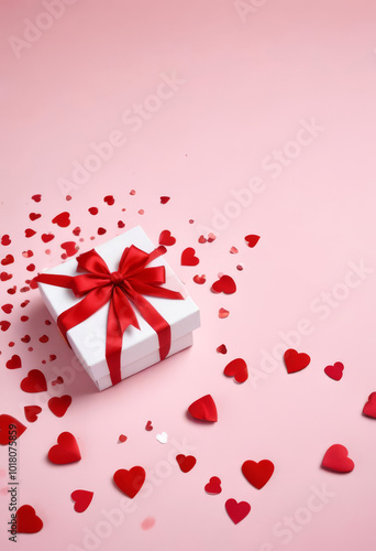 White box with red ribbon and hearts on pink background