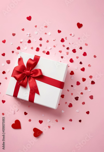 White box with red ribbon and hearts on pink background