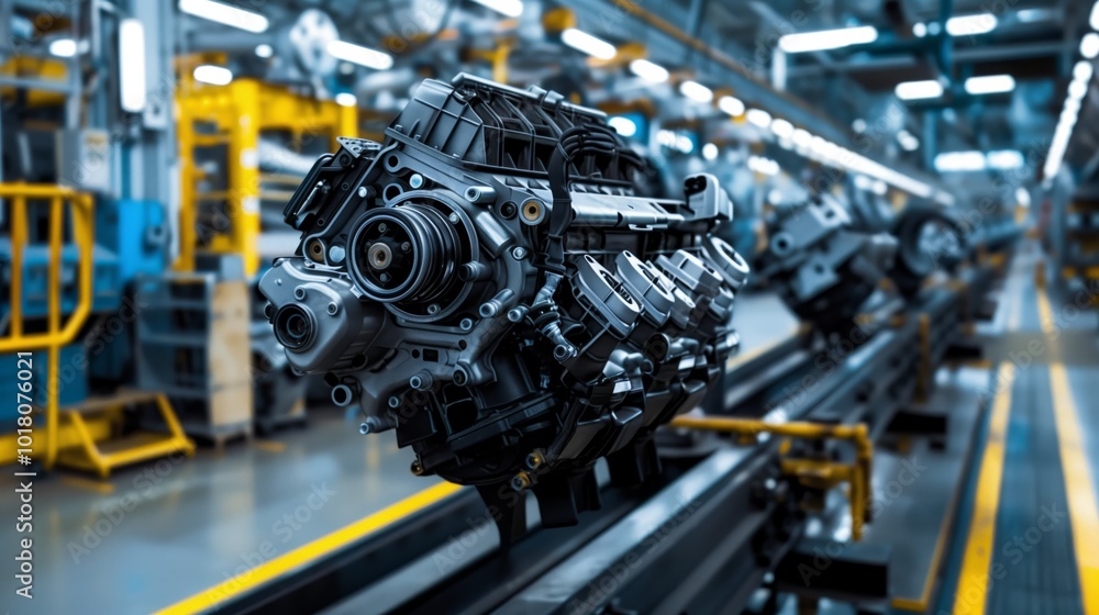 Automobile Engine on the Assembly Line in a Modern Factory Automobile Engine on the Assembly Line in a Modern Factory