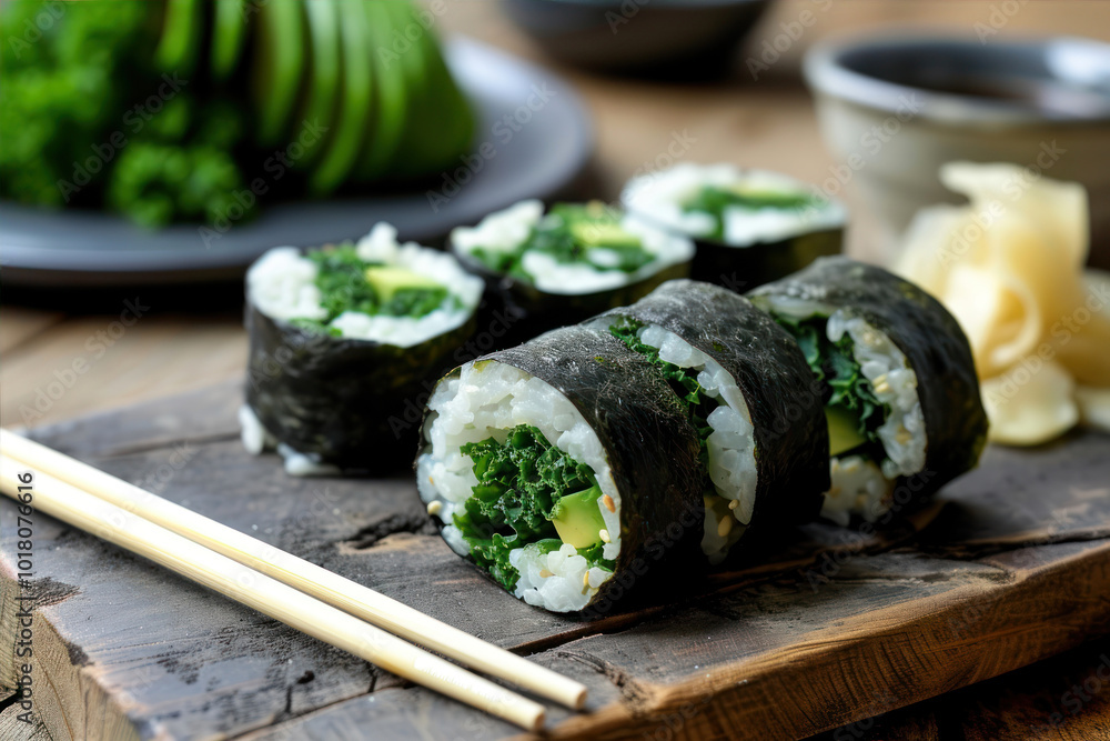 Healthy kale and avocado sushi roll served on a rustic wooden platter with chopsticks and pickled ginger Healthy kale and avocado sushi roll served on a rustic wooden platter with chopsticks and pickled ginger