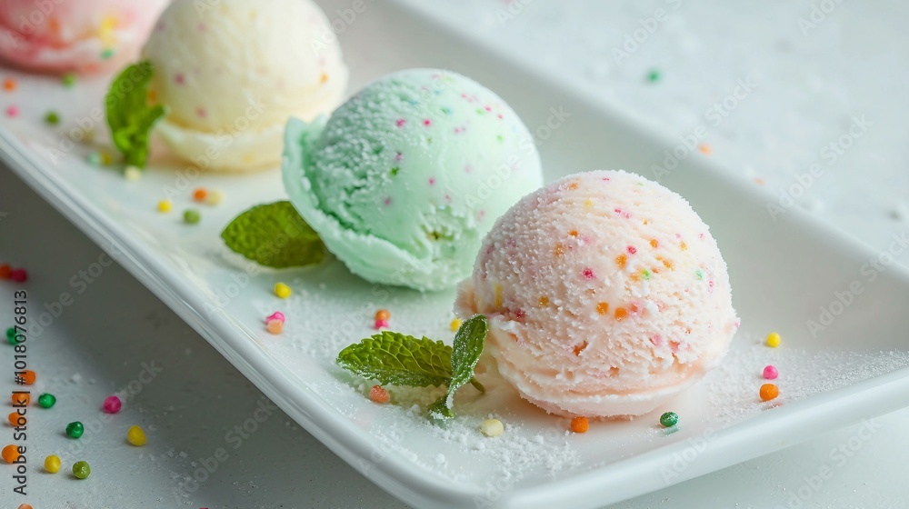 Vibrant Scoops of Ice Cream with Mint Leaves and Sprinkles on a Plate Vibrant Scoops of Ice Cream with Mint Leaves and Sprinkles on a Plate