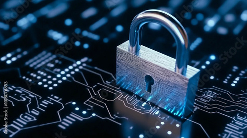 Digital Security Concept with a Padlock on a Circuit Board Background photo