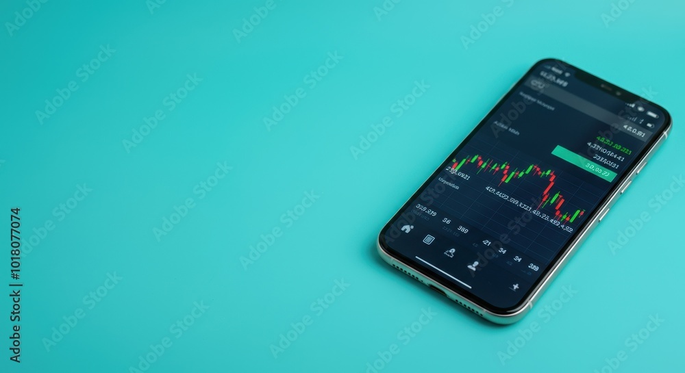 Smartphone displaying stock market graph on teal background Smartphone displaying stock market graph on teal background