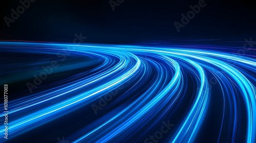 Luminous blue lines speed. Neon color glowing lines background, high-speed light trails effect. Futuristic dynamic motion technology.