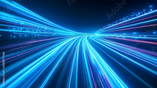 Luminous blue lines speed. Neon color glowing lines background, high-speed light trails effect. Futuristic dynamic motion technology.