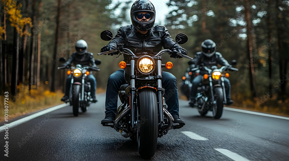 Three motorcyclists riding on a forested road. Three motorcyclists riding on a forested road.