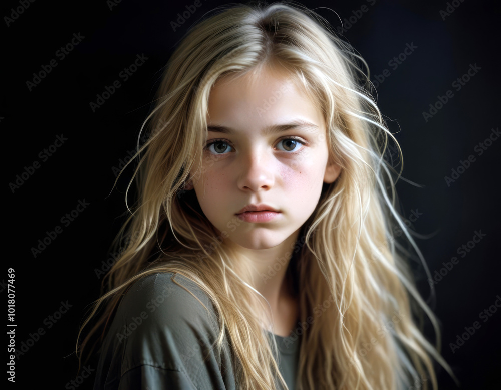 Portrait of a sad teenage girl on a black background Portrait of a sad teenage girl on a black background
