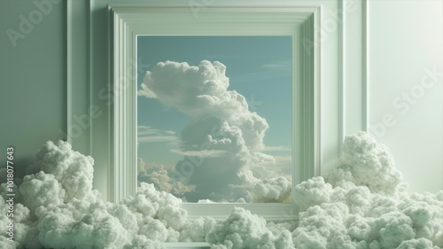 A surreal liminal space featuring an empty frame surrounded by fluffy clouds and soft light creating an ethereal atmosphere