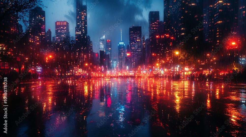 Fototapeta premium A cityscape at night with reflections in a body of water.