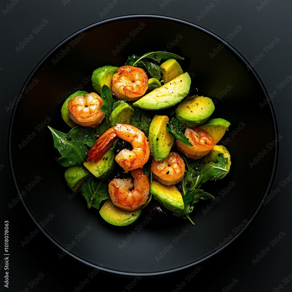 Shrimp and Avocado Salad from Above on Black Texture - Perfect for Menus and Food Blogs - Copy Space Available Shrimp and Avocado Salad from Above on Black Texture - Perfect for Menus and Food Blogs - Copy Space Available