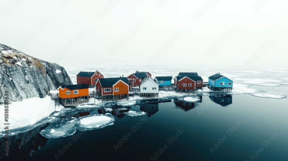 House on the shore of the Ice Cliff. minimalism. concept of climate change and cooling - ice age. melting ice. houses against the backdrop of icy rocks and mountains and the frozen sea.