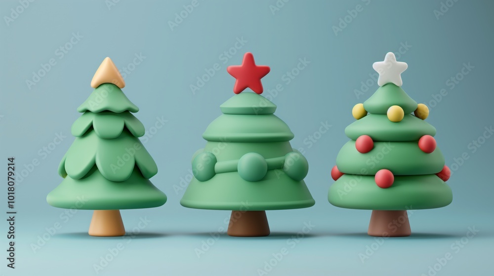 Three stylized Christmas trees in various shades of green with colorful decorations on a blue background. Three stylized Christmas trees in various shades of green with colorful decorations on a blue background.