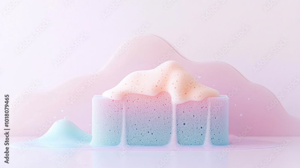 Sponge with colorful foam on a white background with pink paste color. Beside it, there is a piece of colorful soft soap foam bubble on the front and back Sponge with colorful foam on a white background with pink paste color. Beside it, there is a piece of colorful soft soap foam bubble on the front and back