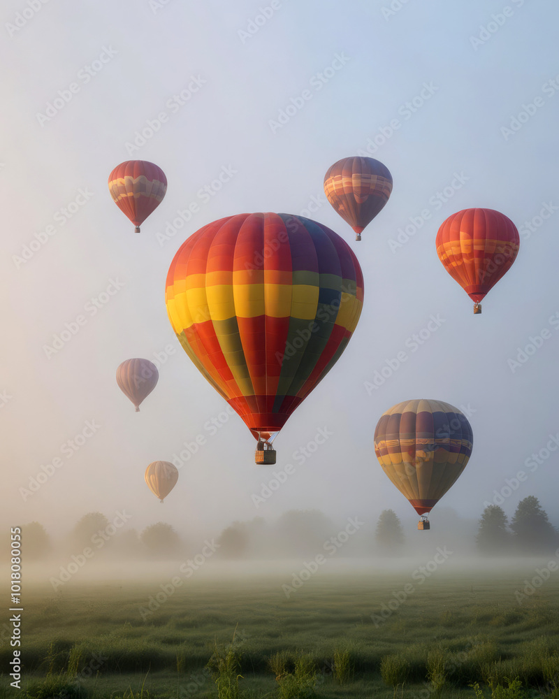 Fototapeta premium Hot air balloons hover over a beautiful hilly landscape