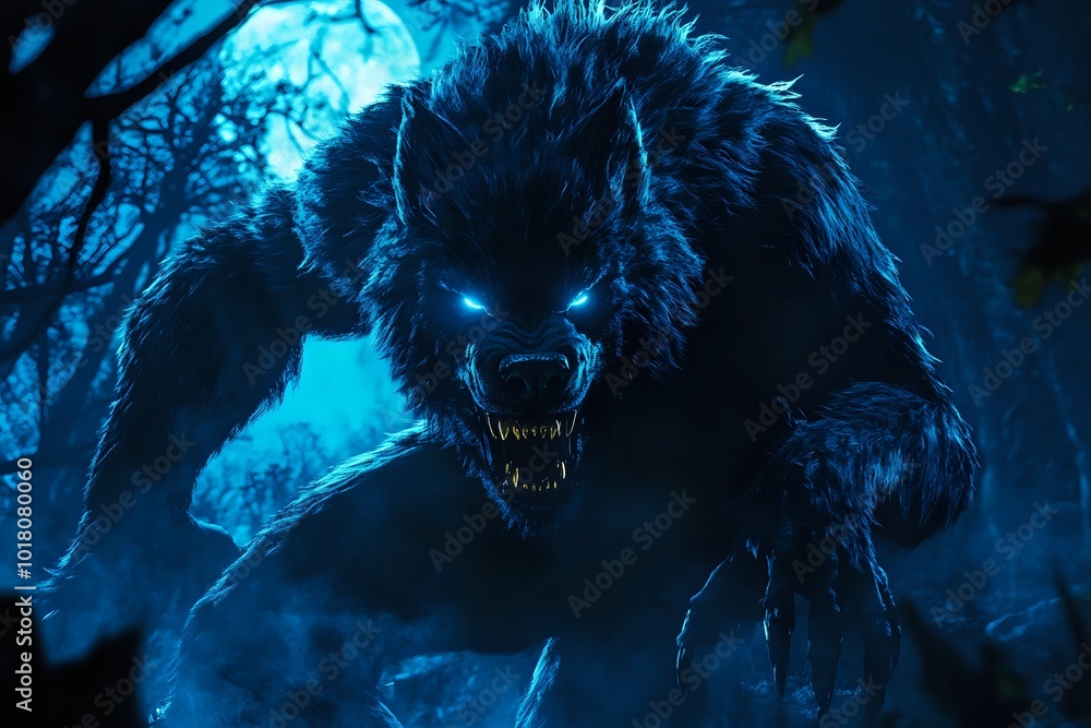 A ferocious werewolf growls in the dark woods under a full moon. A ferocious werewolf growls in the dark woods under a full moon.