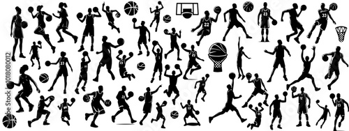 Big set of black vector silhouette basketball player isolated on white