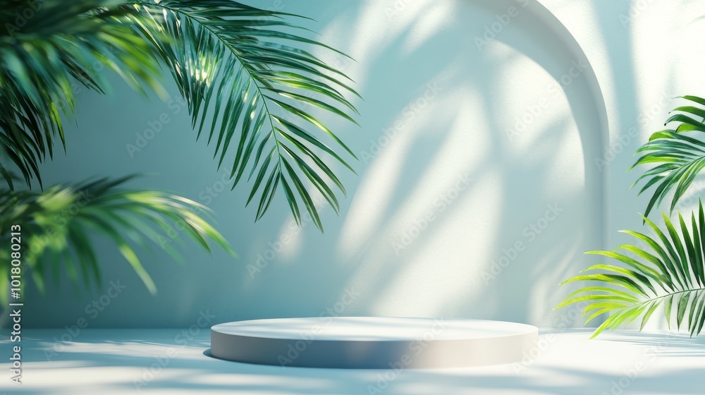 This 3D image shows a podium with shadows on a soft, colorful background. Tropical leaves and an arch shape add a stylish touch. It's perfect for presenting products or showcasing ideas. This 3D image shows a podium with shadows on a soft, colorful background. Tropical leaves and an arch shape add a stylish touch. It's perfect for presenting products or showcasing ideas.