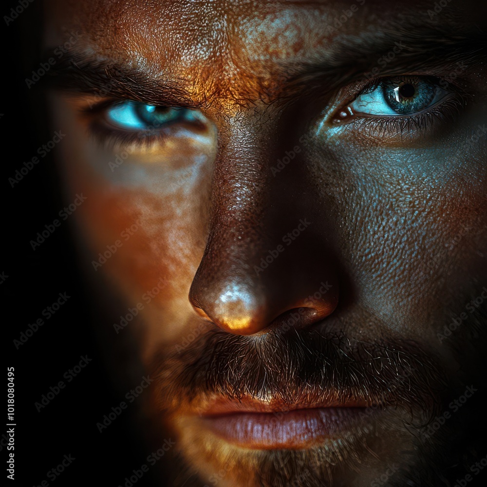 Intense close-up of a male face with striking blue eyes and textured skin, evoking mystery and depth in low light. Intense close-up of a male face with striking blue eyes and textured skin, evoking mystery and depth in low light.