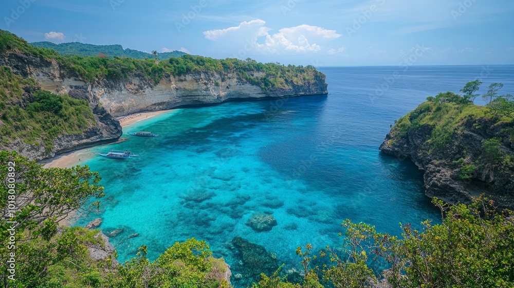 Fototapeta premium A secluded cove with turquoise water and a small beach, surrounded by cliffs and greenery.