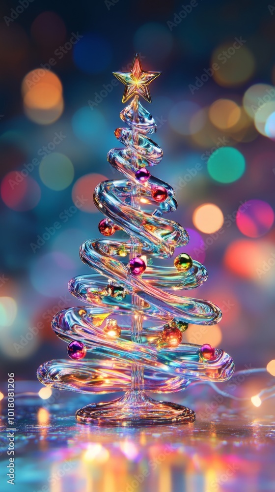 Elegant glass christmas tree sparkling on a festive background