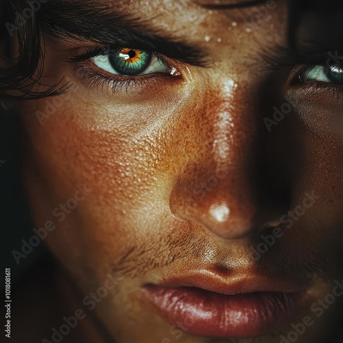 Intense close-up portrait of a young man with striking green eyes and textured skin, capturing emotion and allure in detail.