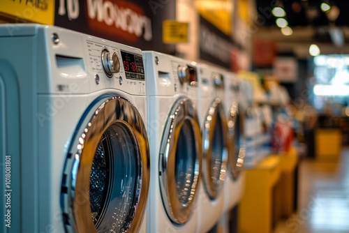 row of washing machines is sold in a home appliance store