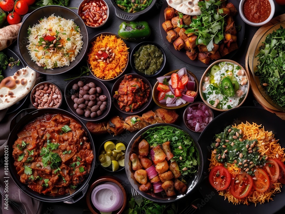 Traditional Middle Eastern mezze, vibrant colors, overhead view, photography, detailed Traditional Middle Eastern mezze, vibrant colors, overhead view, photography, detailed