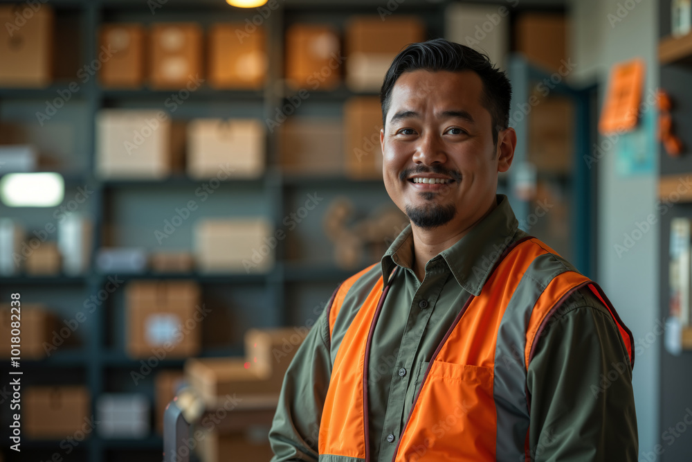 Man wearing a safety vest and standing in front of shelves filled with boxes, likely indicating his profession as a worker or manager in a warehouse or storage facility. Man wearing a safety vest and standing in front of shelves filled with boxes, likely indicating his profession as a worker or manager in a warehouse or storage facility.