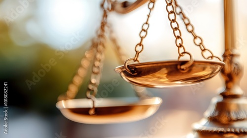 Close-up of a golden scales of justice with blurred background.