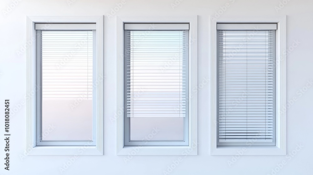 White window frames with clear glass and a roller blind. A set of plastic windows with metal blinds, shown on a clear background. White window frames with clear glass and a roller blind. A set of plastic windows with metal blinds, shown on a clear background.
