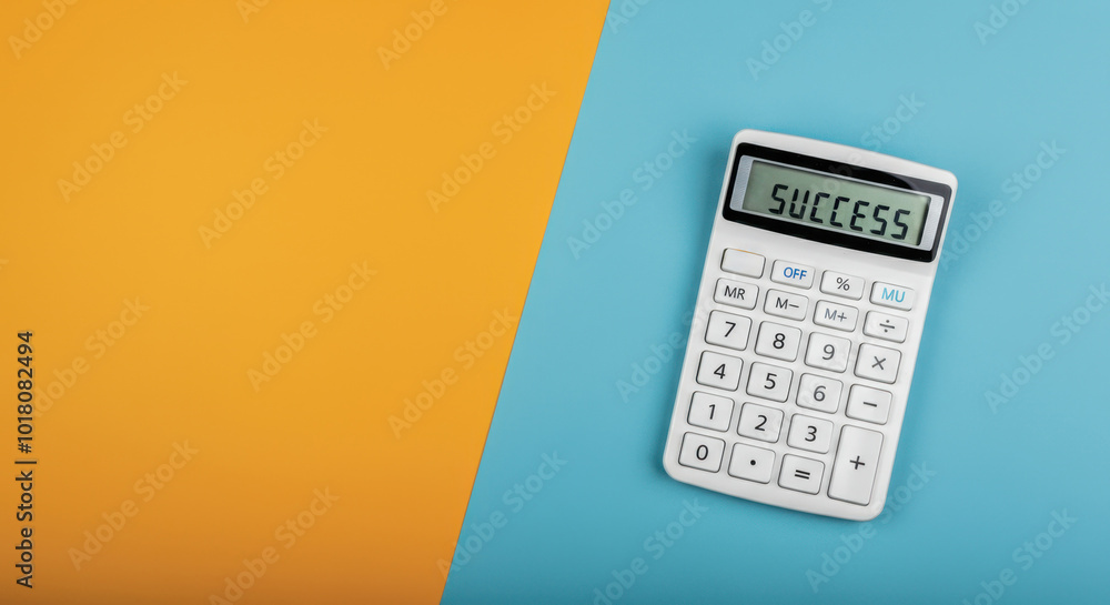 White calculator on yellow and blue background displaying White calculator on yellow and blue background displaying