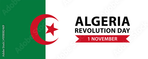 Text Algeria Revolution Day, 1 november on the background of Algerian flag, simple minimalist web banner design.