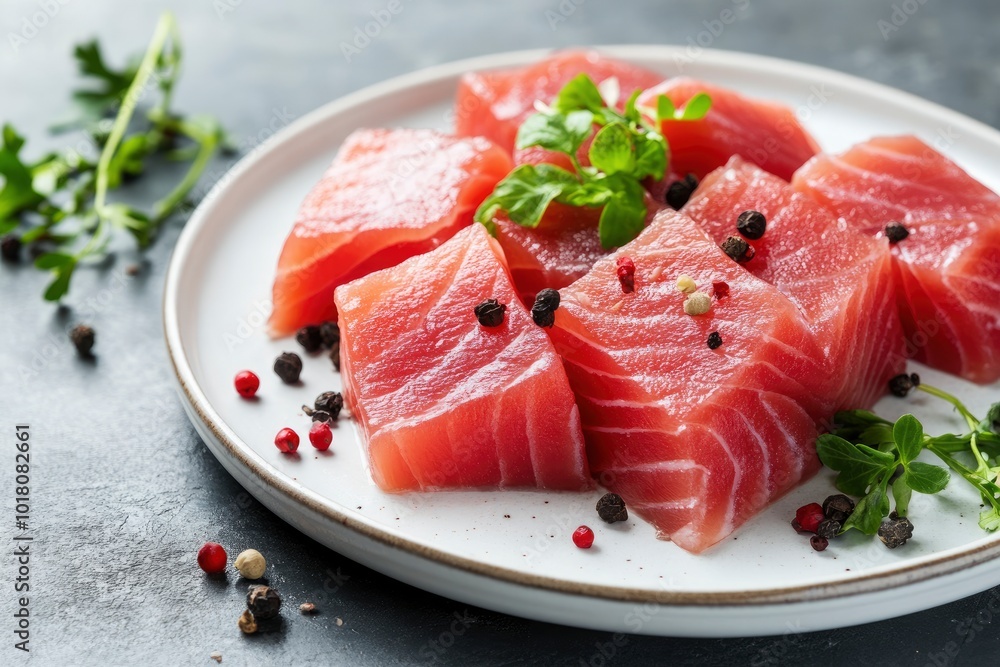 Tuna,Canned fish on white plate - generative ai Tuna,Canned fish on white plate - generative ai