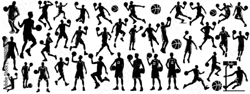 Big set of black vector silhouette basketball player isolated on white