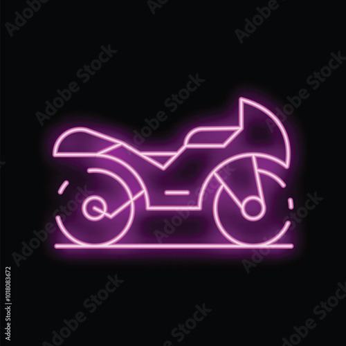 Purple neon sign depicting a sport motorcycle shining on a brick wall photo