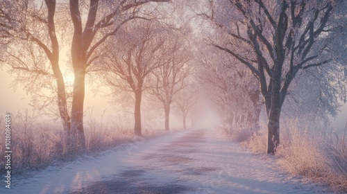 A serene winter road framed by frosty trees and soft sunlight, inviting peaceful winter walks and moments of reflection.