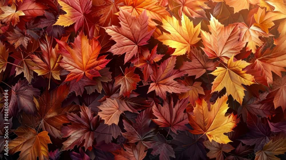 A close-up view of vibrant red, orange, and yellow maple leaves on the forest floor during autumn A close-up view of vibrant red, orange, and yellow maple leaves on the forest floor during autumn