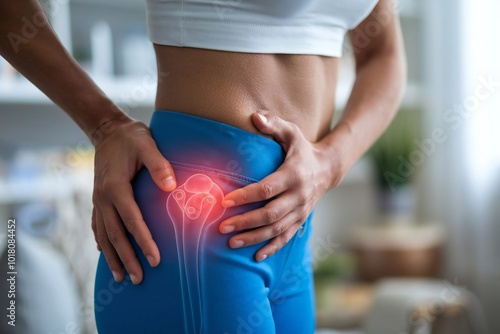 Sports injury or hip pain, joint discomfort in active woman