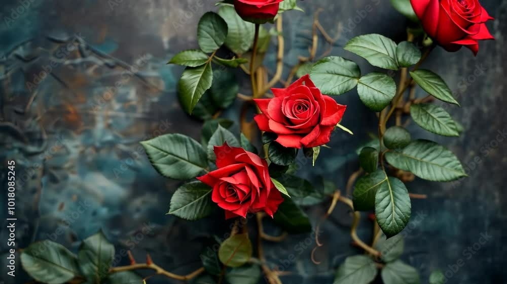Red roses bloom on a vine against a dark, textured background