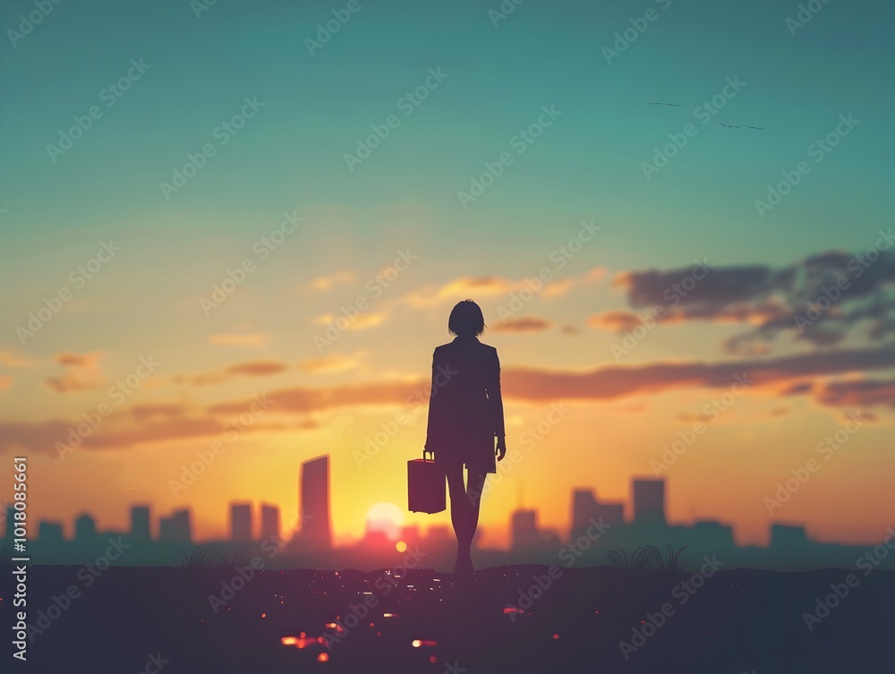 Silhouetted Businessman Walks Towards Distant City Skyline at Sunrise Silhouetted Businessman Walks Towards Distant City Skyline at Sunrise