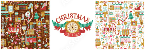 Christmas factory seamless pattern with elves packing gifts for children. Hand drawn vector cartoon illustration in retro style, fantasy mechanisms, tools, pipes. Chocolate and white background.