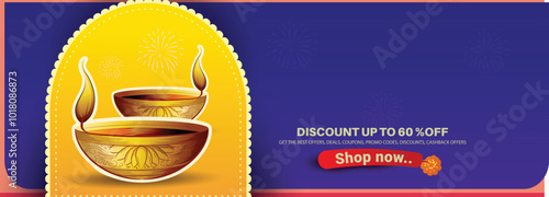 Sale website banner,design with realistic oil lamp,indian lady with abstract background for Diwali Festival 